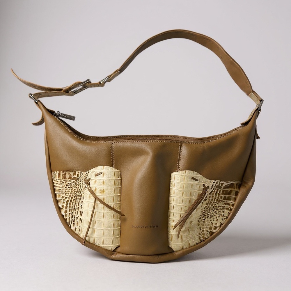 Marco Buggiani Made In Italy Tan Leather Croc Embossed Hobo Shoulder Bag